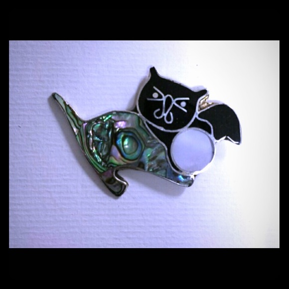 NWOT STERLING + ABALONE M.O.PEARL CAT BROACH - Picture 1 of 2